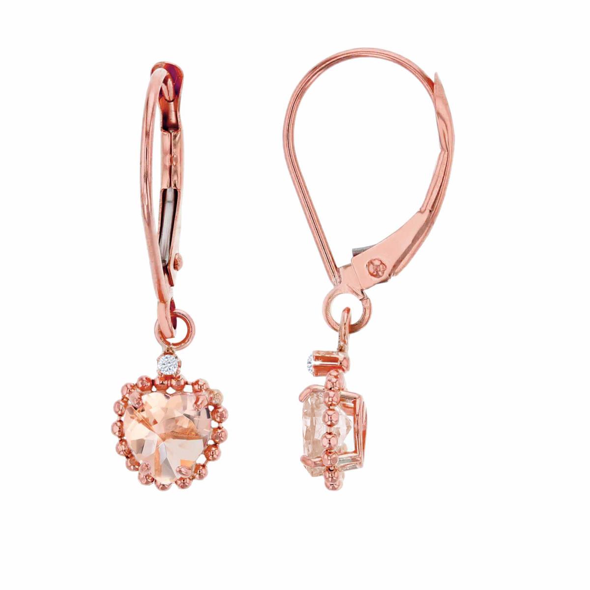 10K Rose Gold 1.25mm Rd White Topaz & 5mm Hrt Morganite Bead Frame Drop Lever-Back Earring