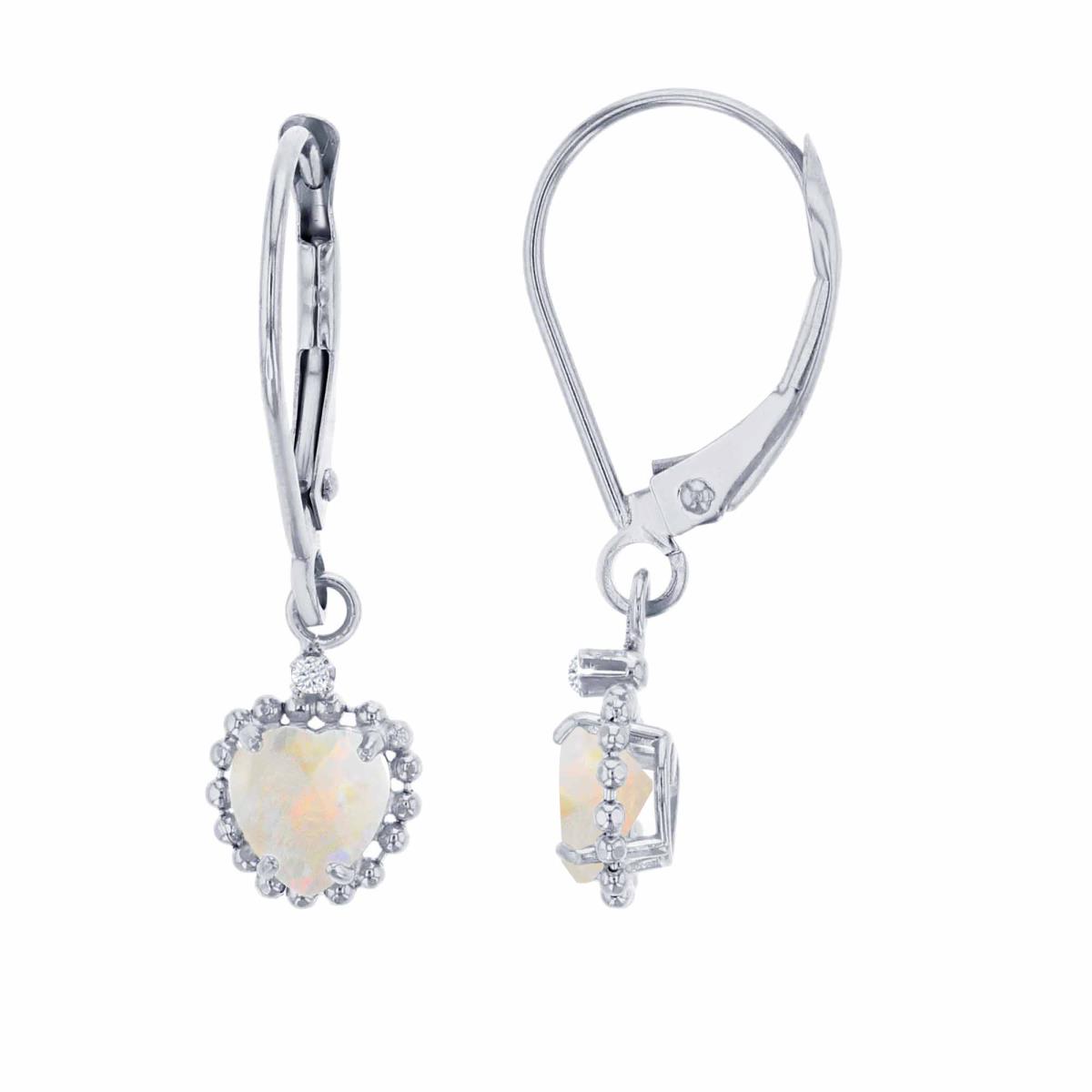 14K White Gold 1.25mm Rd Created White Sapphire & 5mm Hrt Created Opal Bead Frame Drop Lever-Back Earring