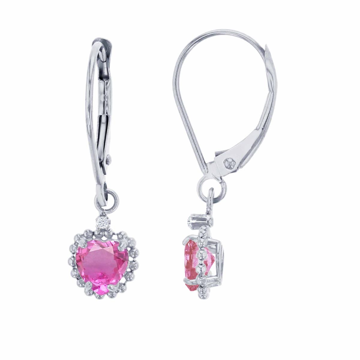 14K White Gold 1.25mm Rd Created White Sapphire & 5mm Hrt Created Pink Sapphire Bead Frame Drop Lever-Back Earring