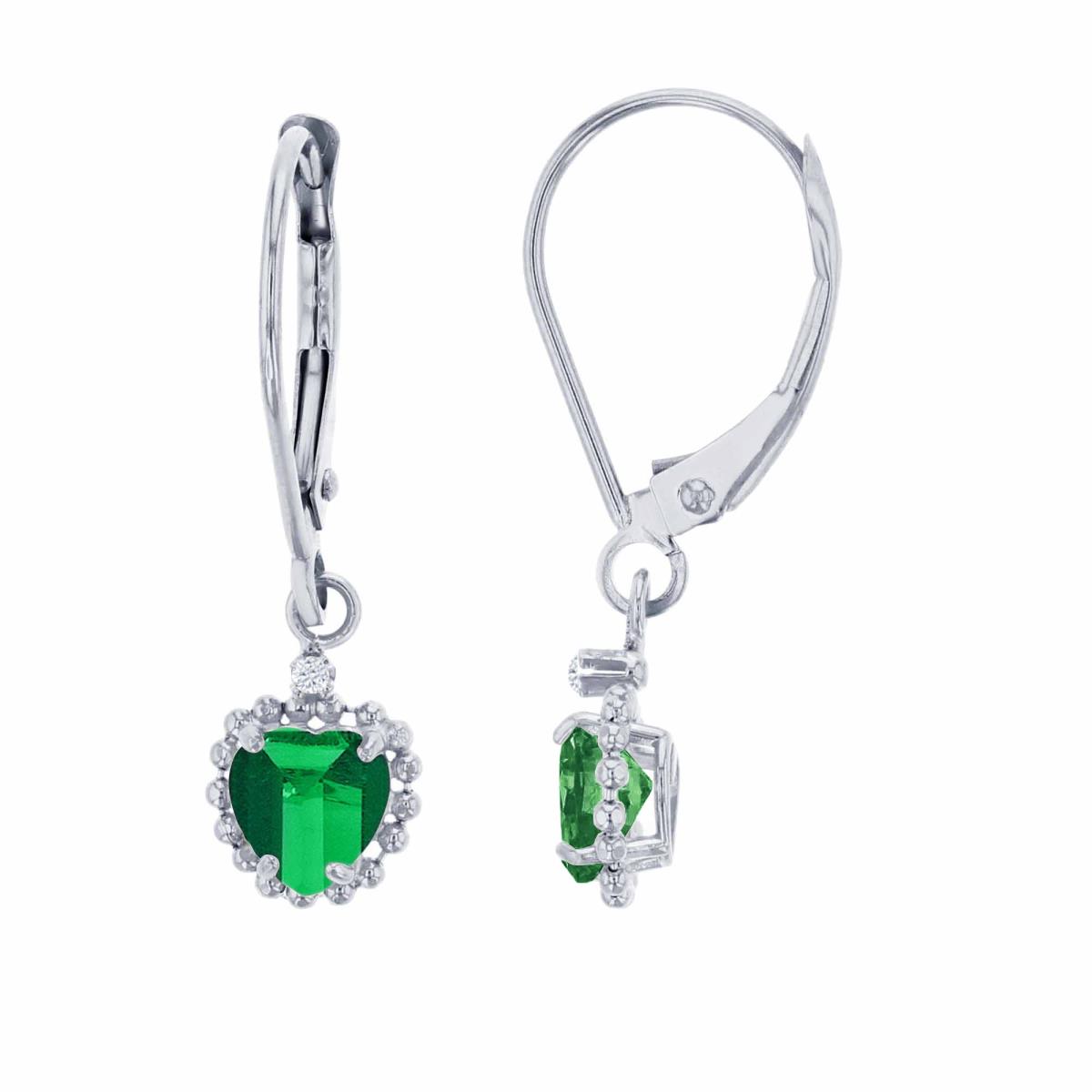 14K White Gold 1.25mm Rd Created White Sapphire & 5mm Hrt Created Emerald Bead Frame Drop Lever-Back Earring