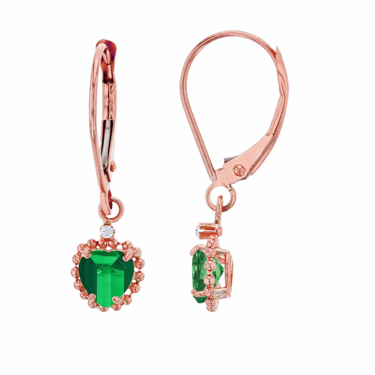 14K Rose Gold 1.25mm Rd Created White Sapphire & 5mm Hrt Created Emerald Bead Frame Drop Lever-Back Earring