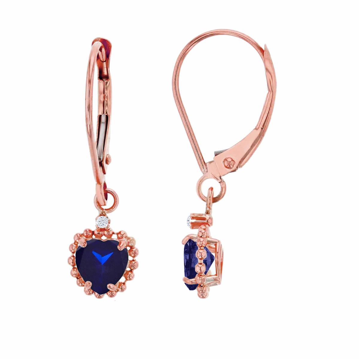 14K Rose Gold 1.25mm Rd Created White Sapphire & 5mm Hrt Created Blue Sapphire Bead Frame Drop Lever-Back Earring