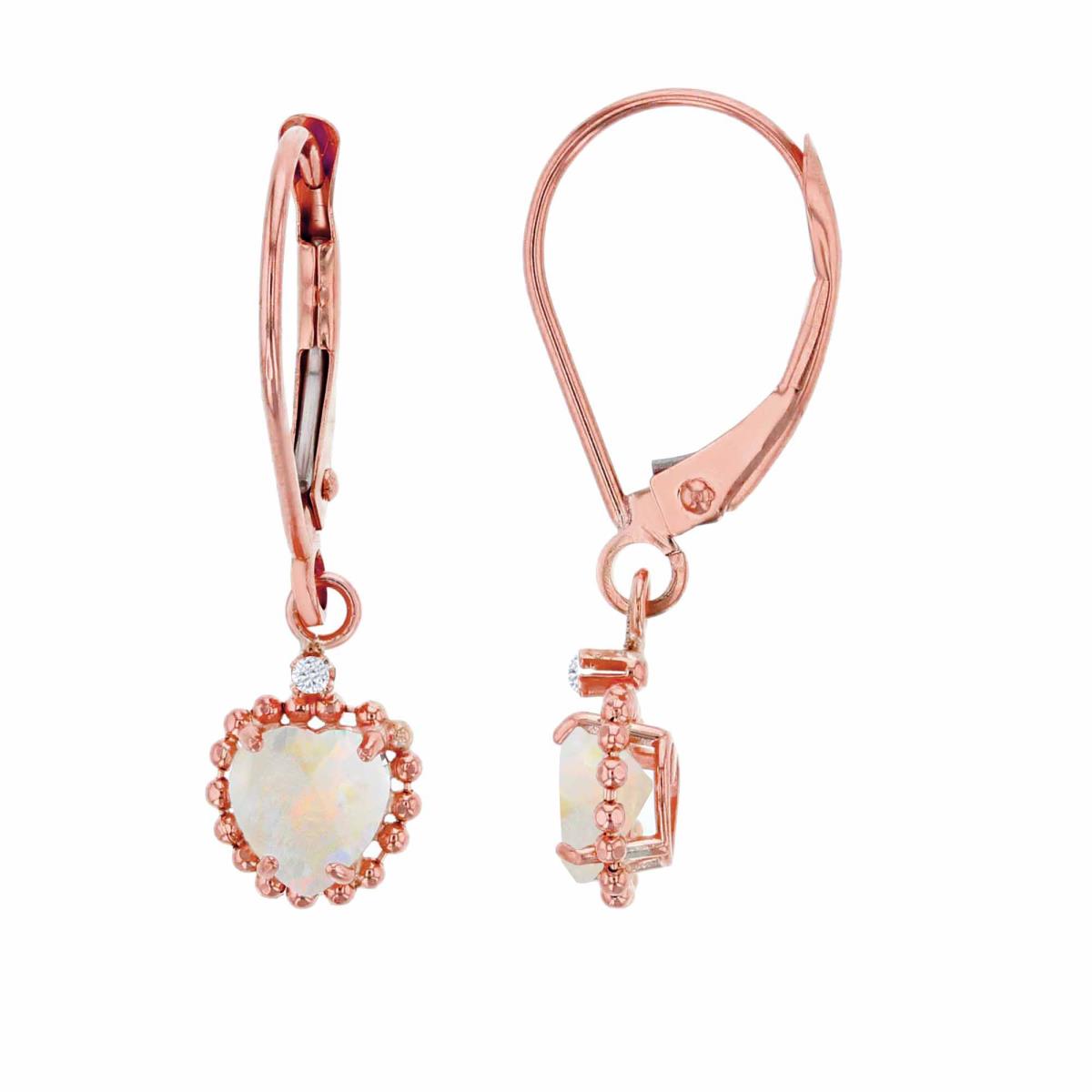 10K Rose Gold 1.25mm Rd Created White Sapphire & 5mm Hrt Created Opal Bead Frame Drop Lever-Back Earring