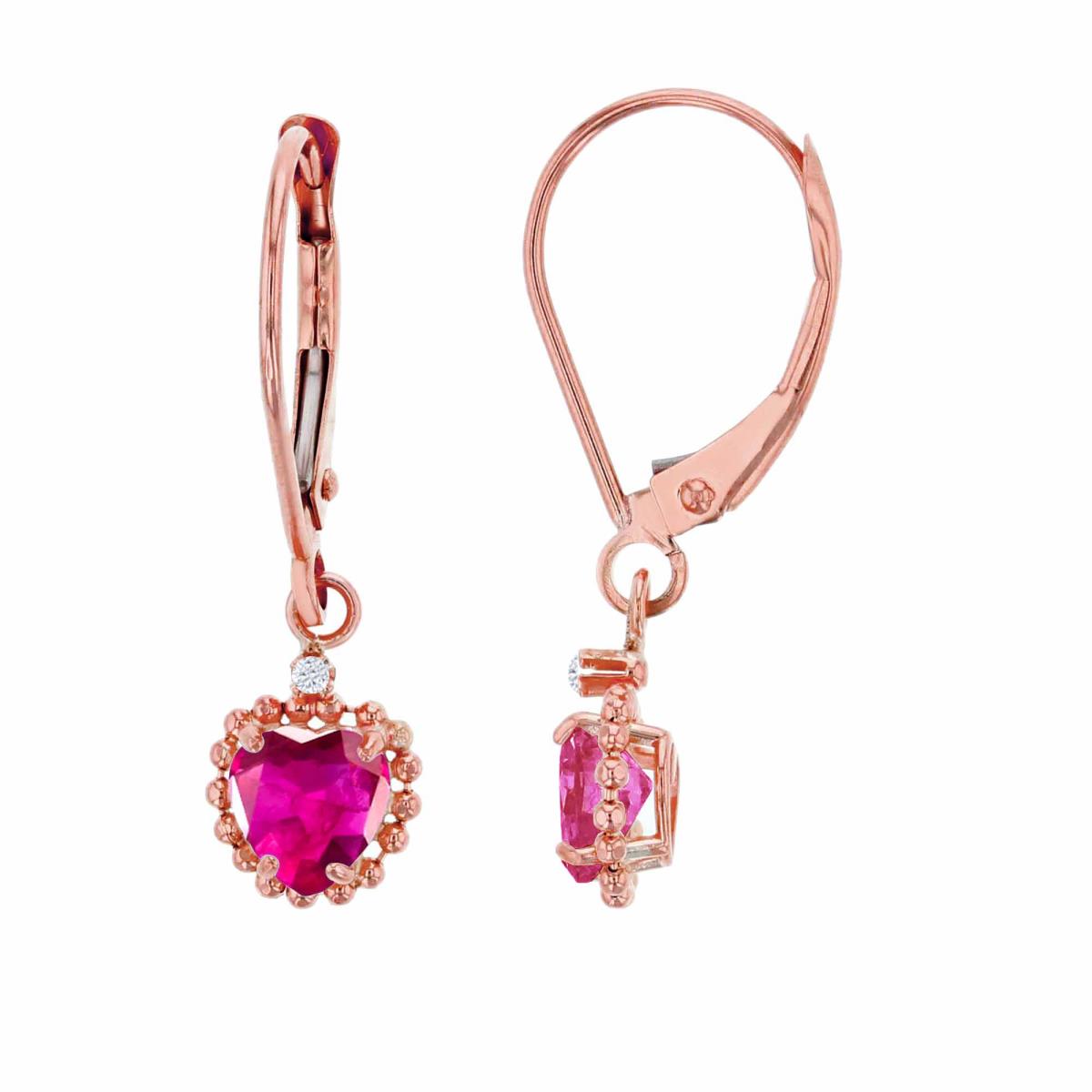 10K Rose Gold 1.25mm Rd Created White Sapphire & 5mm Hrt Created Ruby Bead Frame Drop Lever-Back Earring
