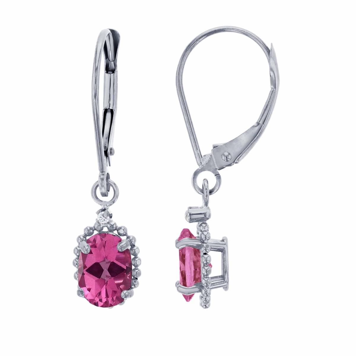 14K White Gold 1.25mm Rd White Topaz & 6x4mm Ov Pure Pink Bead Frame Drop Lever-Back Earring