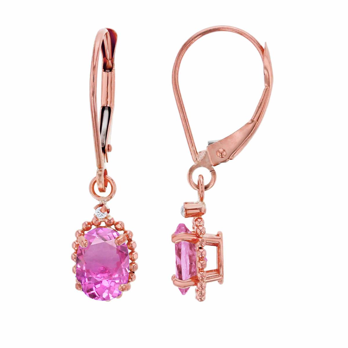 14K Rose Gold 1.25mm Rd White Topaz & 6x4mm Ov Created Pink Sapphire Bead Frame Drop Lever-Back Earring