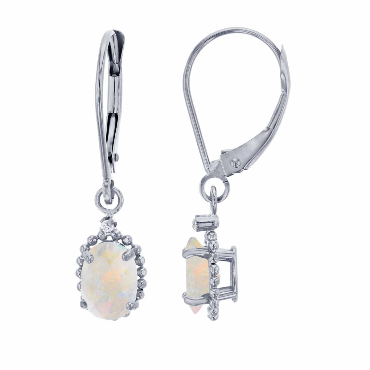 10K White Gold 1.25mm Rd White Topaz & 6x4mm Ov Created Opal Bead Frame Drop Lever-Back Earring