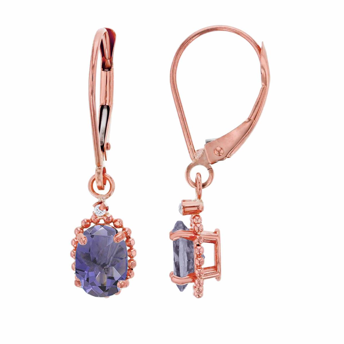 14K Rose Gold 1.25mm Rd Created White Sapphire & 6x4mm Ov Iolite Bead Frame Drop Lever-Back Earring