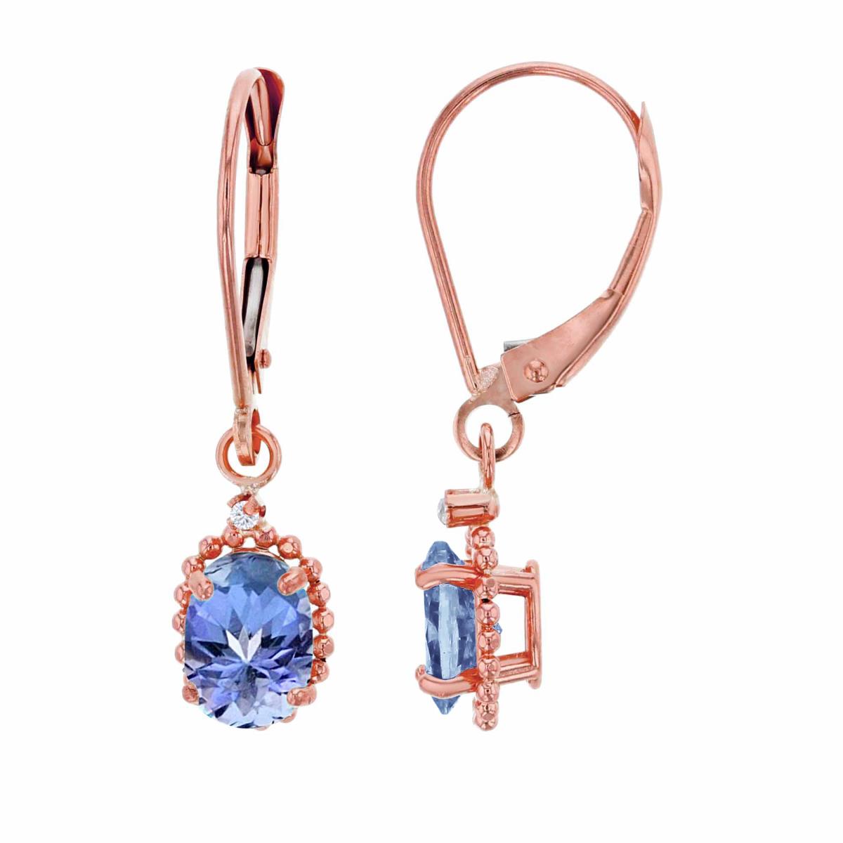 14K Rose Gold 1.25mm Rd Created White Sapphire & 6x4mm Ov Tanzanite Bead Frame Drop Lever-Back Earring