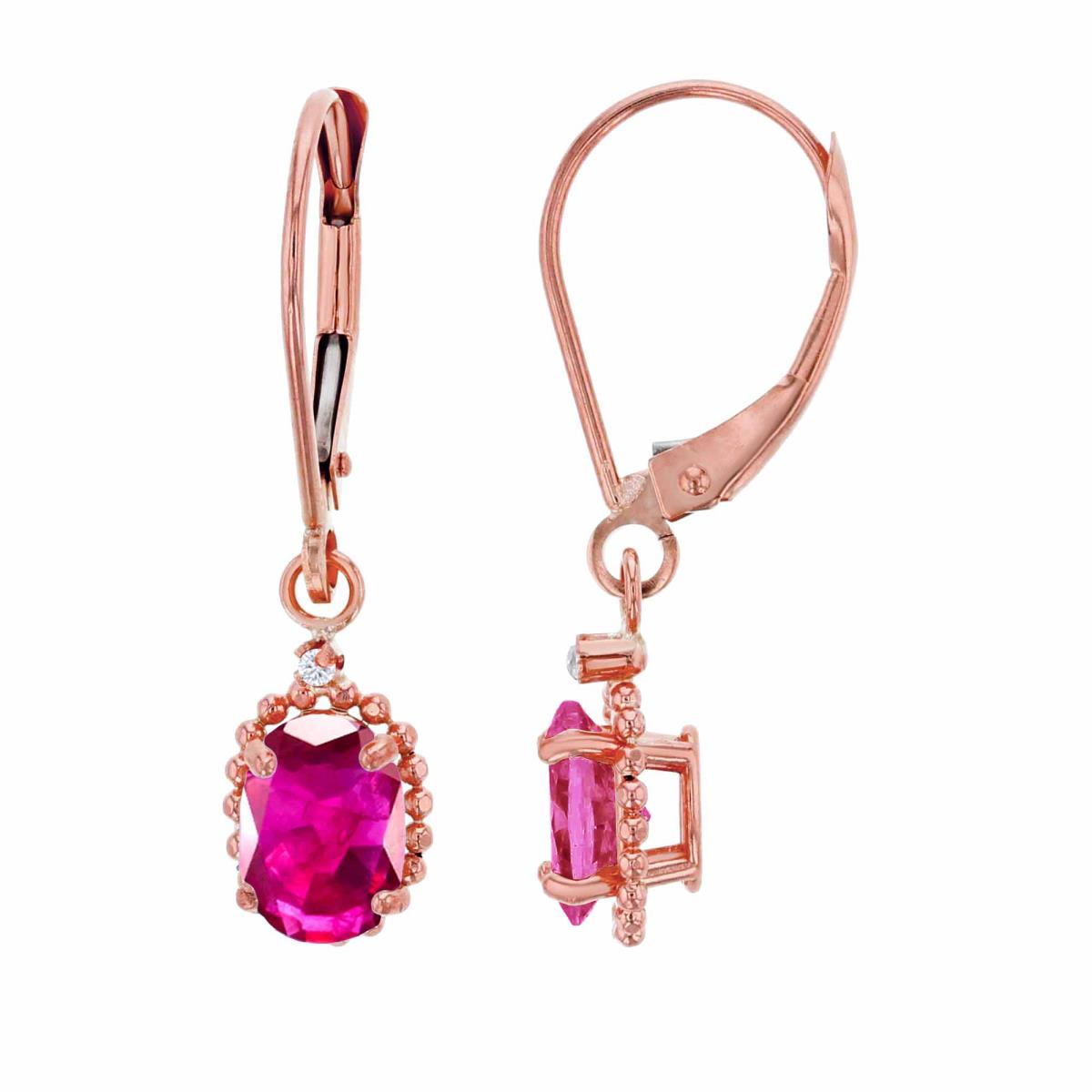 14K Rose Gold 1.25mm Rd Created White Sapphire & 6x4mm Ov Glass Filled Ruby Bead Frame Drop Lever-Back Earring