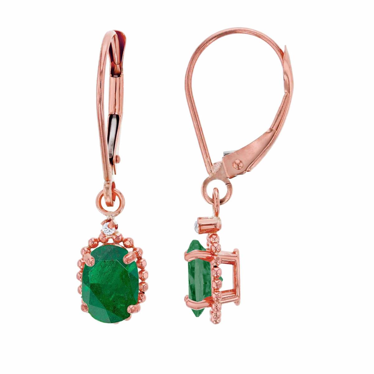 14K Rose Gold 1.25mm Rd Created White Sapphire & 6x4mm Ov Emerald Bead Frame Drop Lever-Back Earring