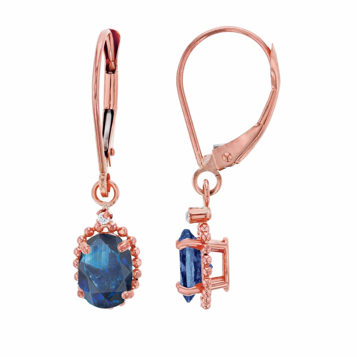 14K Rose Gold 1.25mm Rd Created White Sapphire & 6x4mm Ov Sapphire Bead Frame Drop Lever-Back Earring