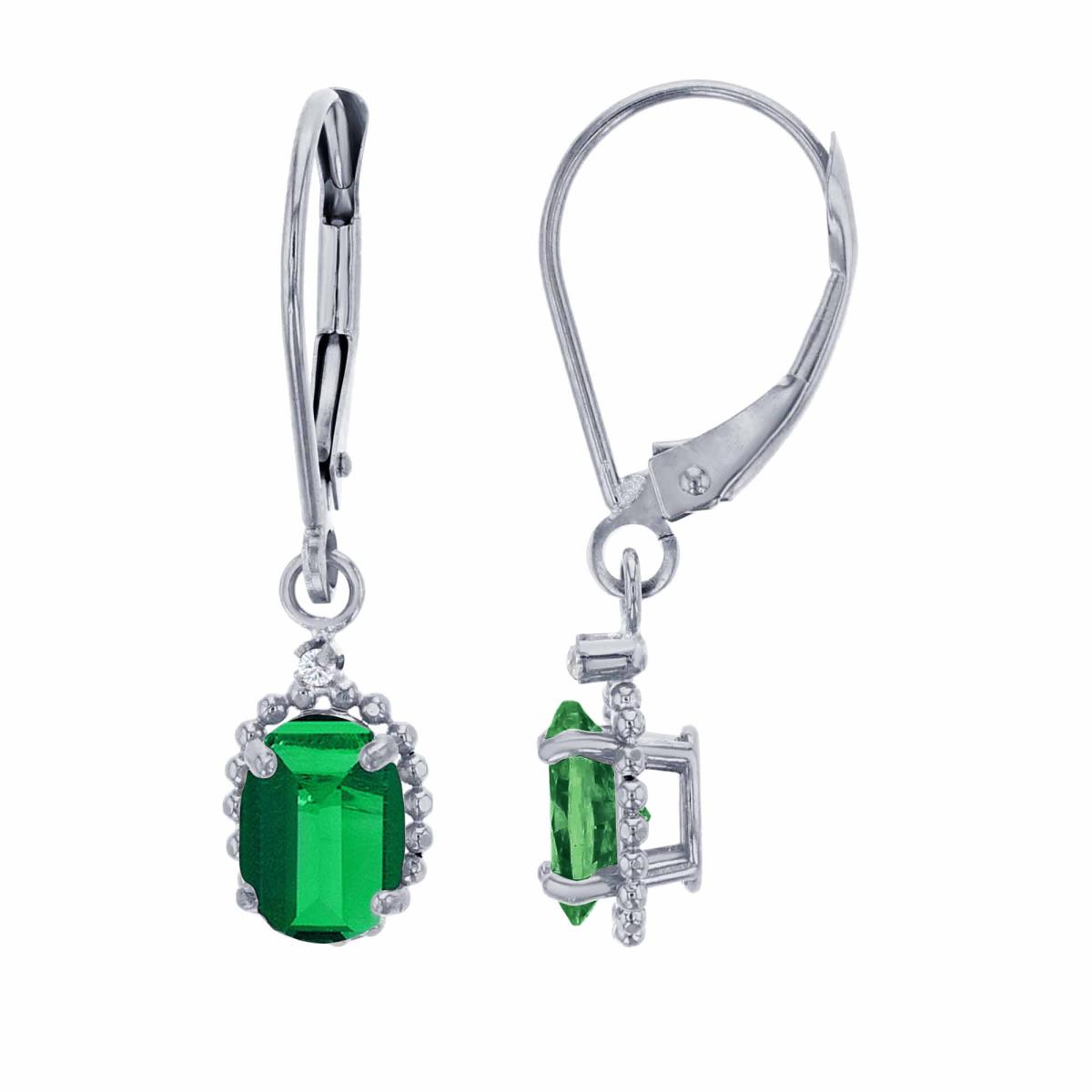 14K White Gold 1.25mm Rd Created White Sapphire & 6x4mm Ov Created Emerald Bead Frame Drop Lever-Back Earring