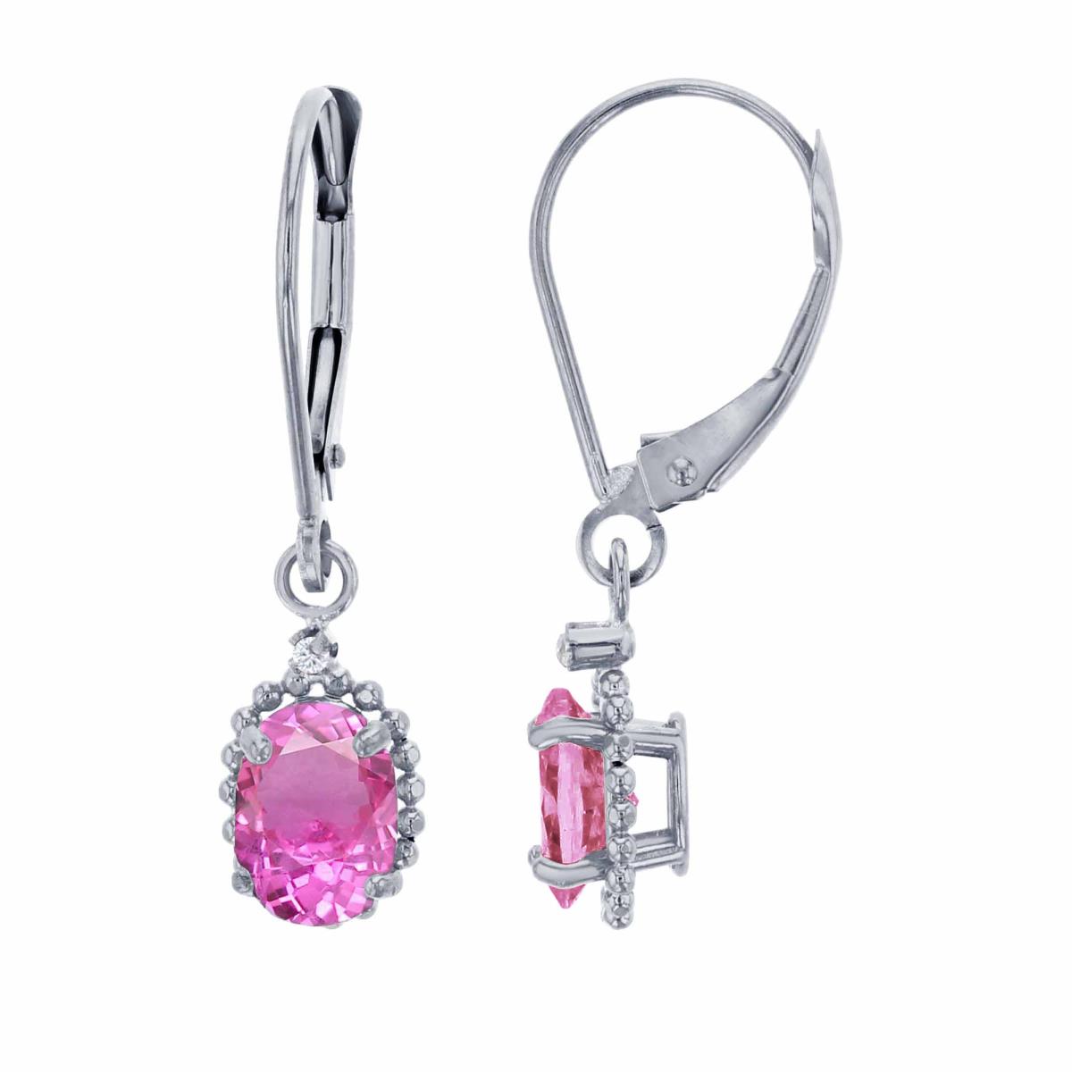 14K White Gold 1.25mm Rd Created White Sapphire & 6x4mm Ov Created Pink Sapphire Bead Frame Drop Lever-Back Earring