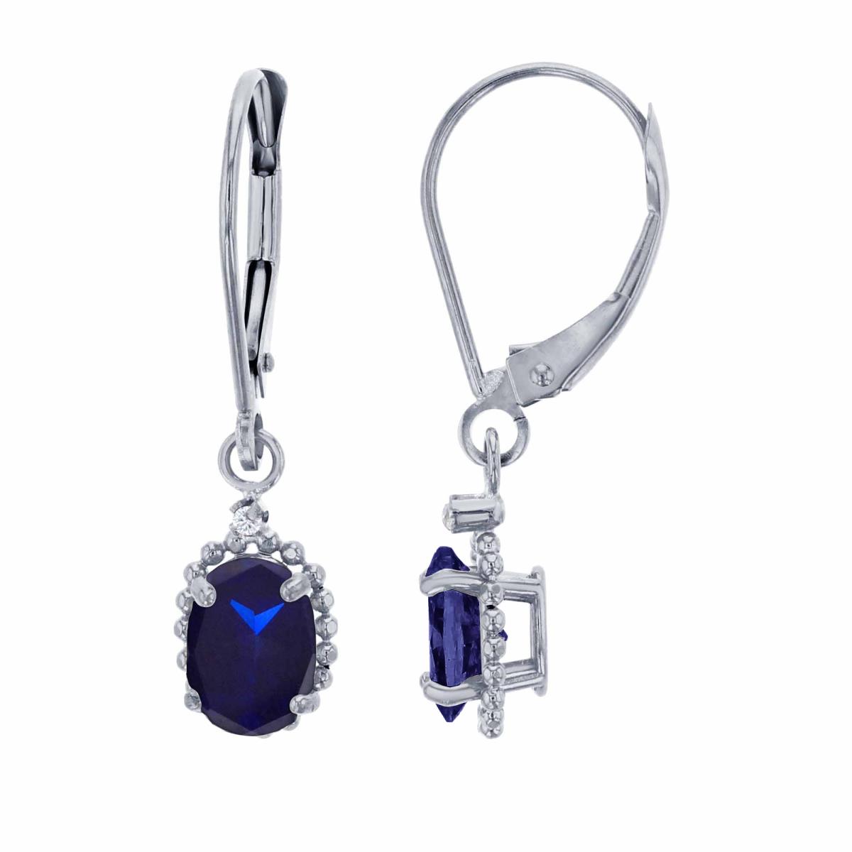 14K White Gold 1.25mm Rd Created White Sapphire & 6x4mm Ov Created Blue Sapphire Bead Frame Drop Lever-Back Earring