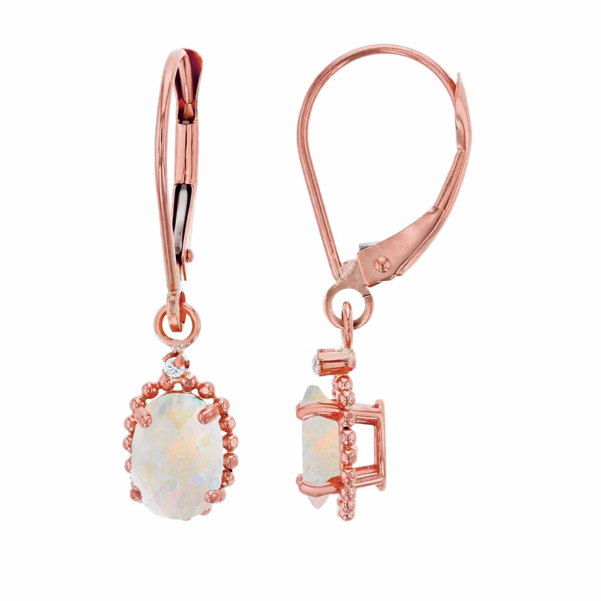 14K Rose Gold 1.25mm Rd Created White Sapphire & 6x4mm Ov Created Opal Bead Frame Drop Lever-Back Earring