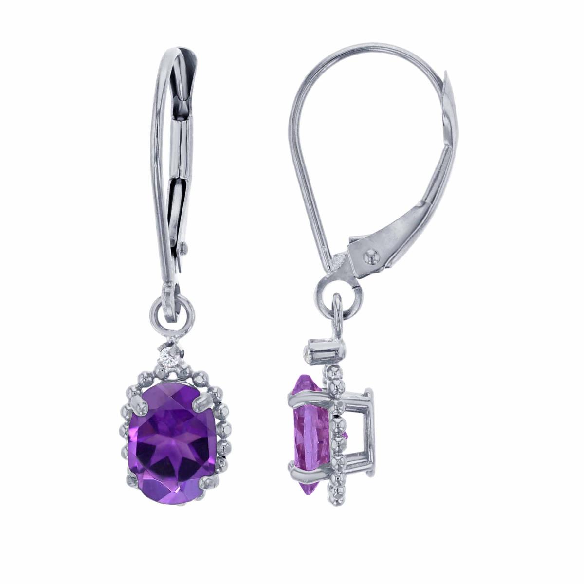 10K White Gold 1.25mm Rd Created White Sapphire & 6x4mm Ov Amethyst Bead Frame Drop Lever-Back Earring