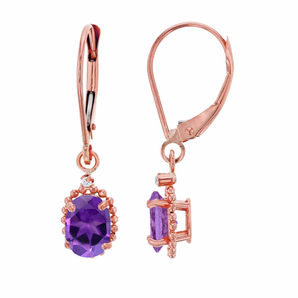 10K Rose Gold 1.25mm Rd Created White Sapphire & 6x4mm Ov Amethyst Bead Frame Drop Lever-Back Earring