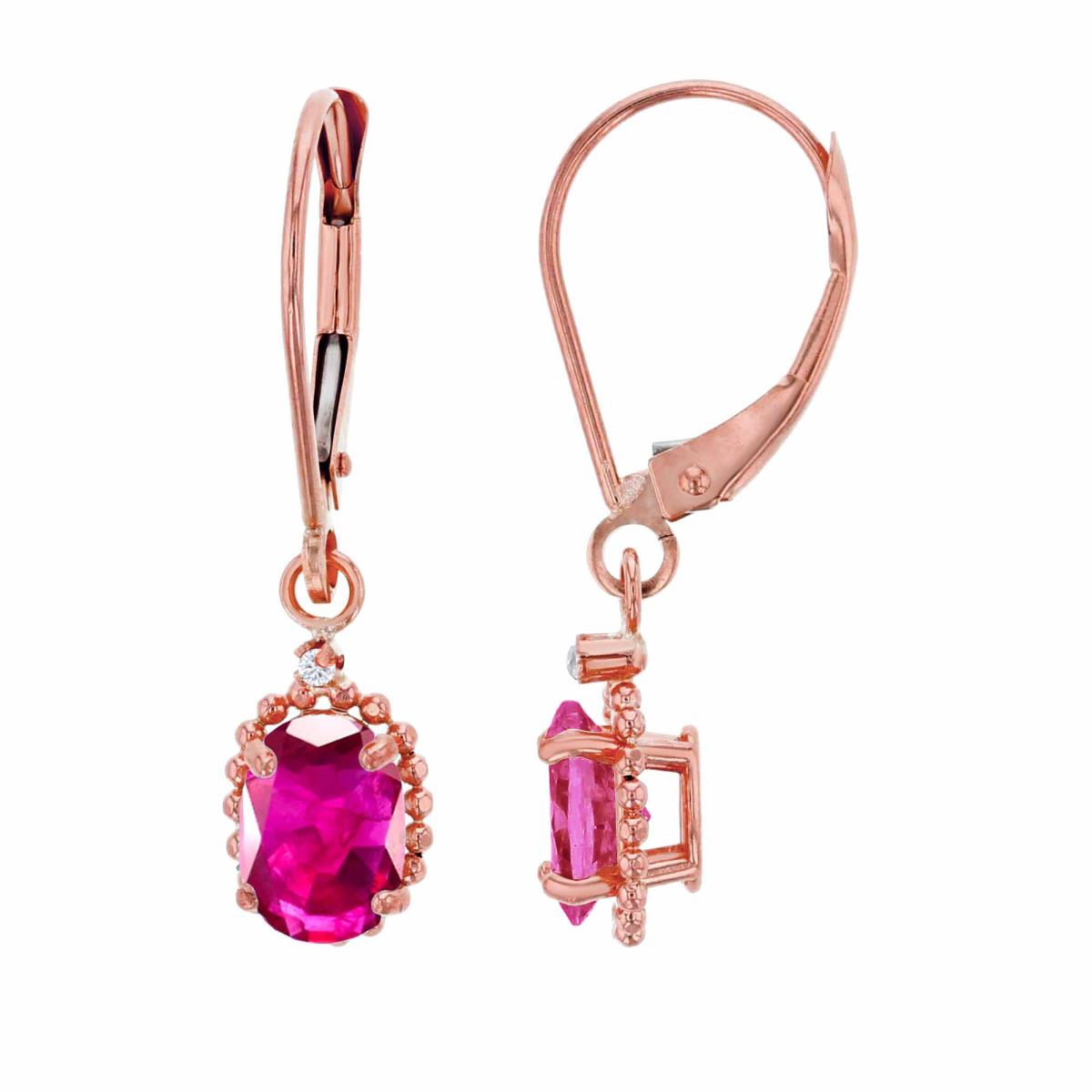 10K Rose Gold 1.25mm Rd Created White Sapphire & 6x4mm Ov Created Ruby Bead Frame Drop Lever-Back Earring