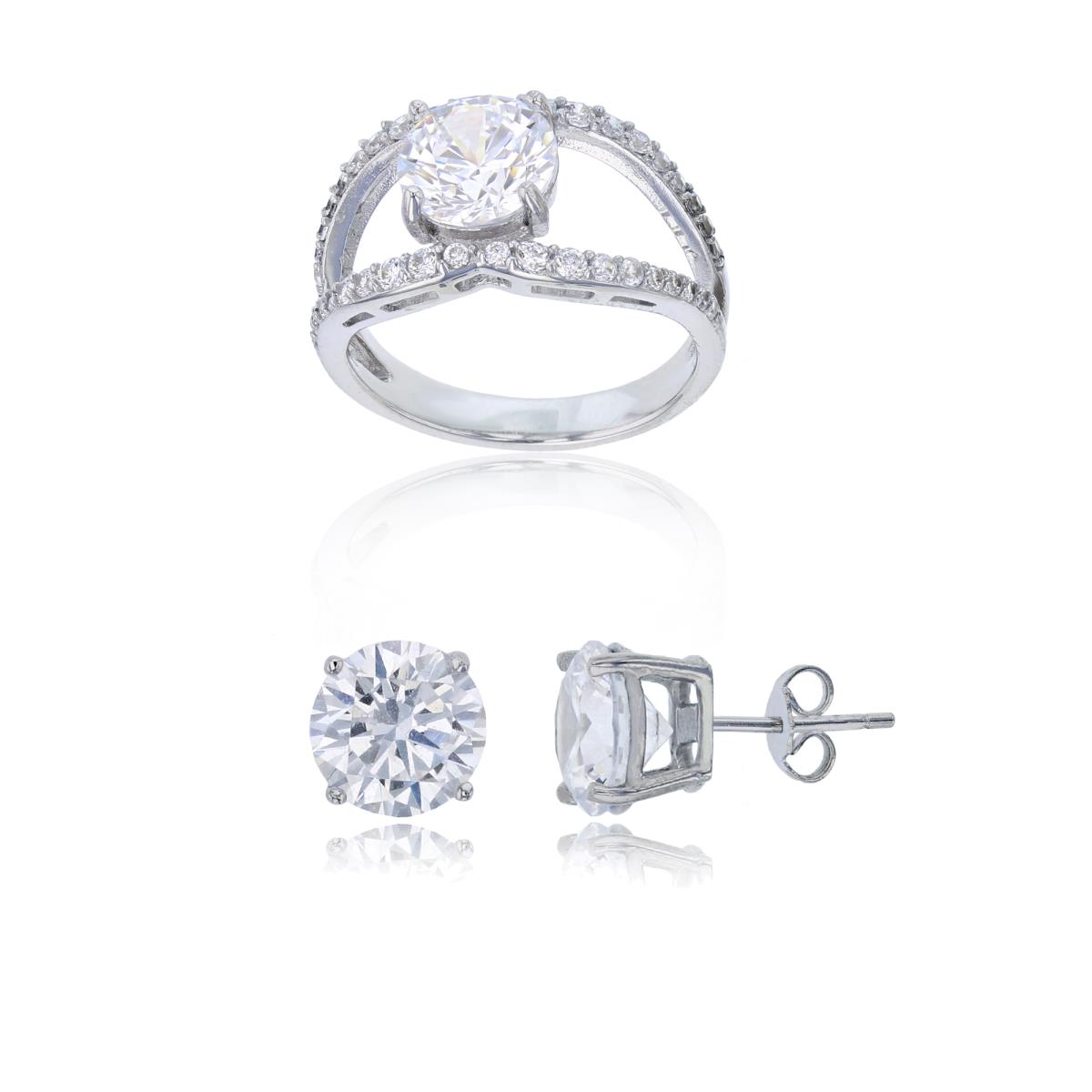 Sterling Silver Rhodium 8mm Rnd Center CZ Open Shank Ring & 8mm Rd Solitaire Stud Earring Set