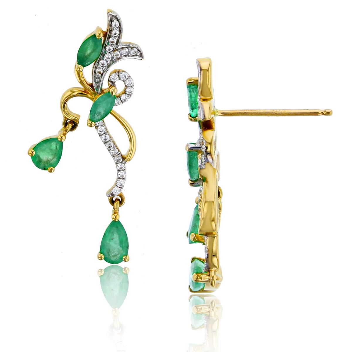14K Yellow Gold CZ Rnd Diam & MQ /PS Emerald Vertical Swirl Dangling Earring