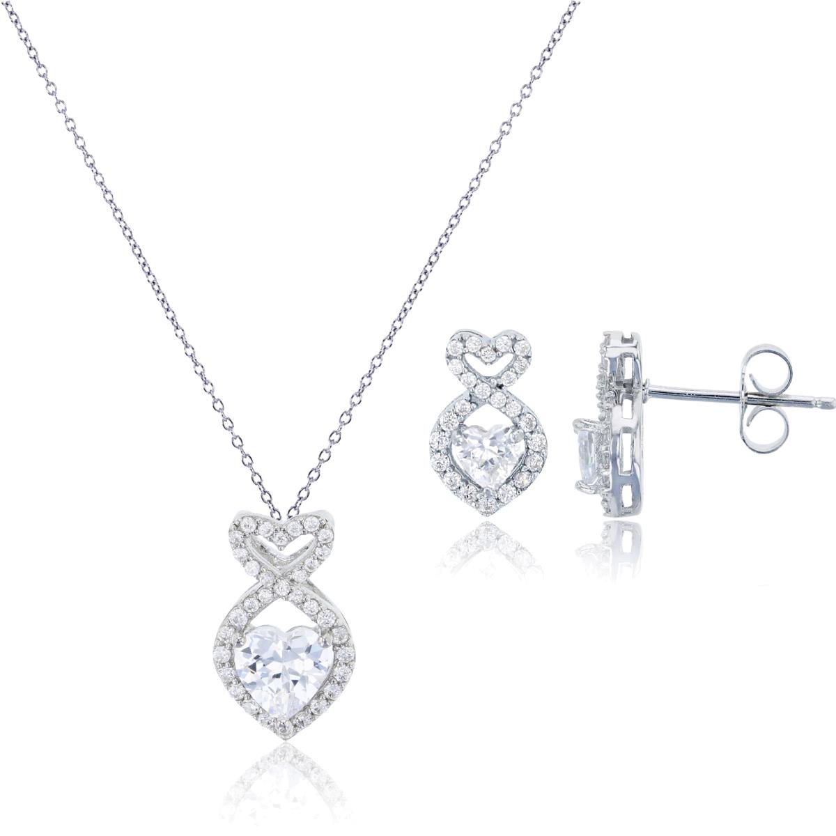 Sterling Silver Rhodium 6mm Heart Cut CZ Fish 18" Necklace & Earring Set