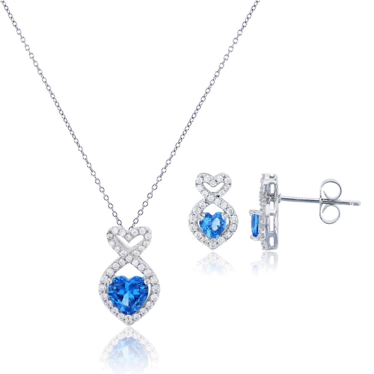 Sterling Silver Rhodium 6mm Blue Spinel Heart Cut CZ Fish 18" Necklace & Earring Set