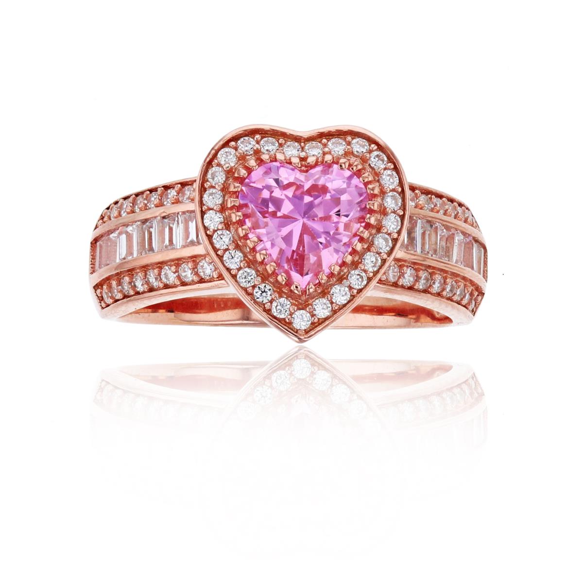Sterling Silver Rose 1-Micron 7mm Pink Heart Cut CZ White Round & Baguette Sides Fashion Ring
