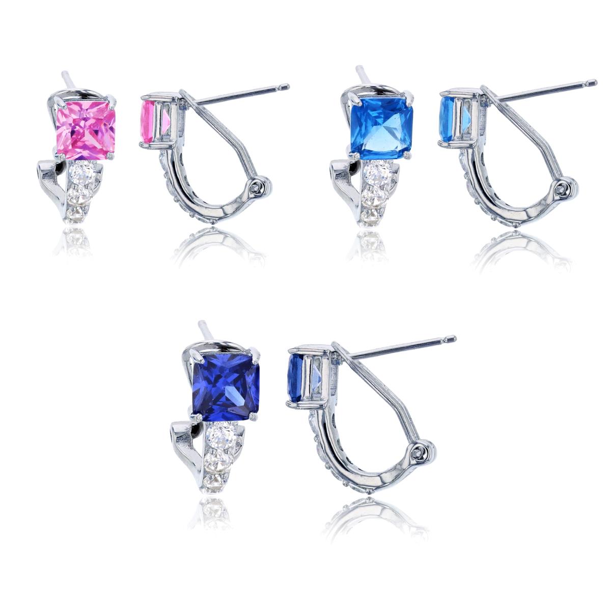 Sterling Silver Rhodium 6mm Pink, Blue Spinel & Tanzanite Princess Cut & White CZ Omega-Back Hoop Earring Set