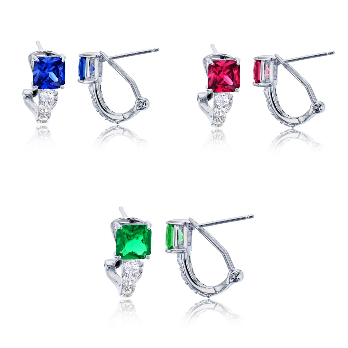 Sterling Silver Rhodium 6mm Sapphire, Ruby & Emerald Princess Cut & White CZ Omega-Back Hoop Earring Set