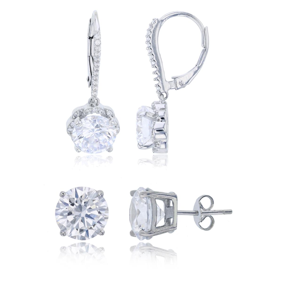 Sterling Silver Rhodium 8mm Rd Cut CZ Flower Leverback & 8mm Rd Solitaire Stud Earring Set