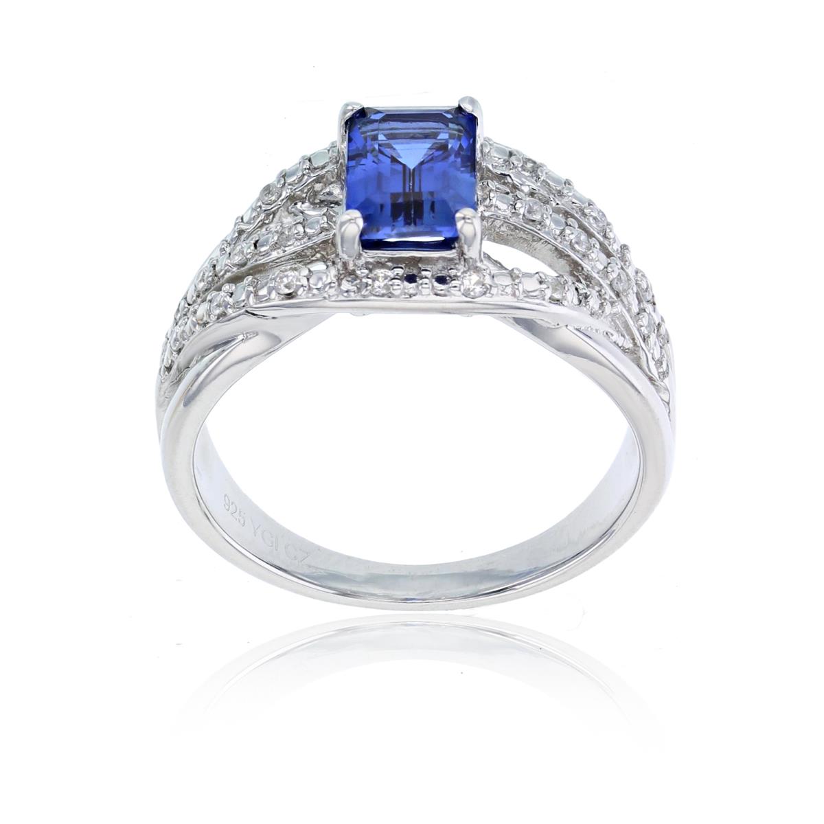 Sterling Silver Rhodium Rnd CZ & 7x5mm Octag Created Blue Sapphire Ring