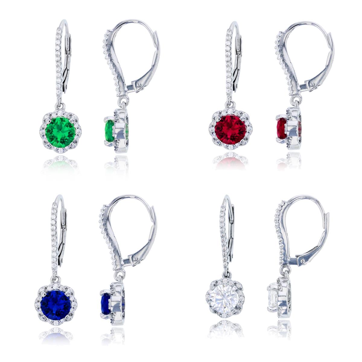 Sterling Silver Rhodium 6mm White, Emerald, Ruby & Sapphire Rd Cut CZ Flower Leverback Earring Set Of 4
