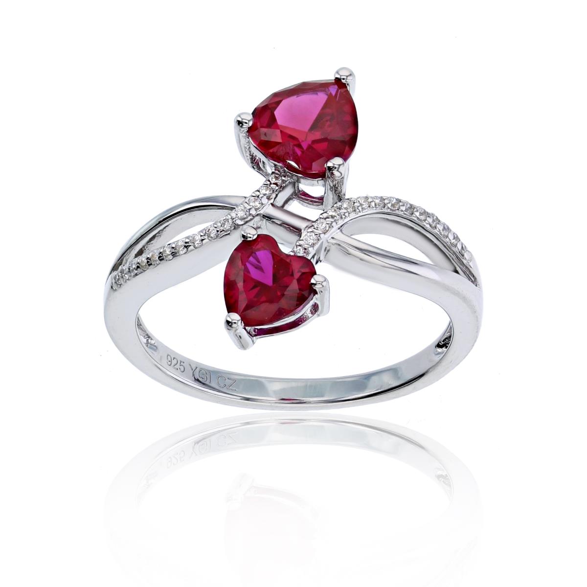 Sterling Silver Rhodium CZ Rnd & 5mm/6mm HS Cr Ruby 2-Bypass Hearts Ring