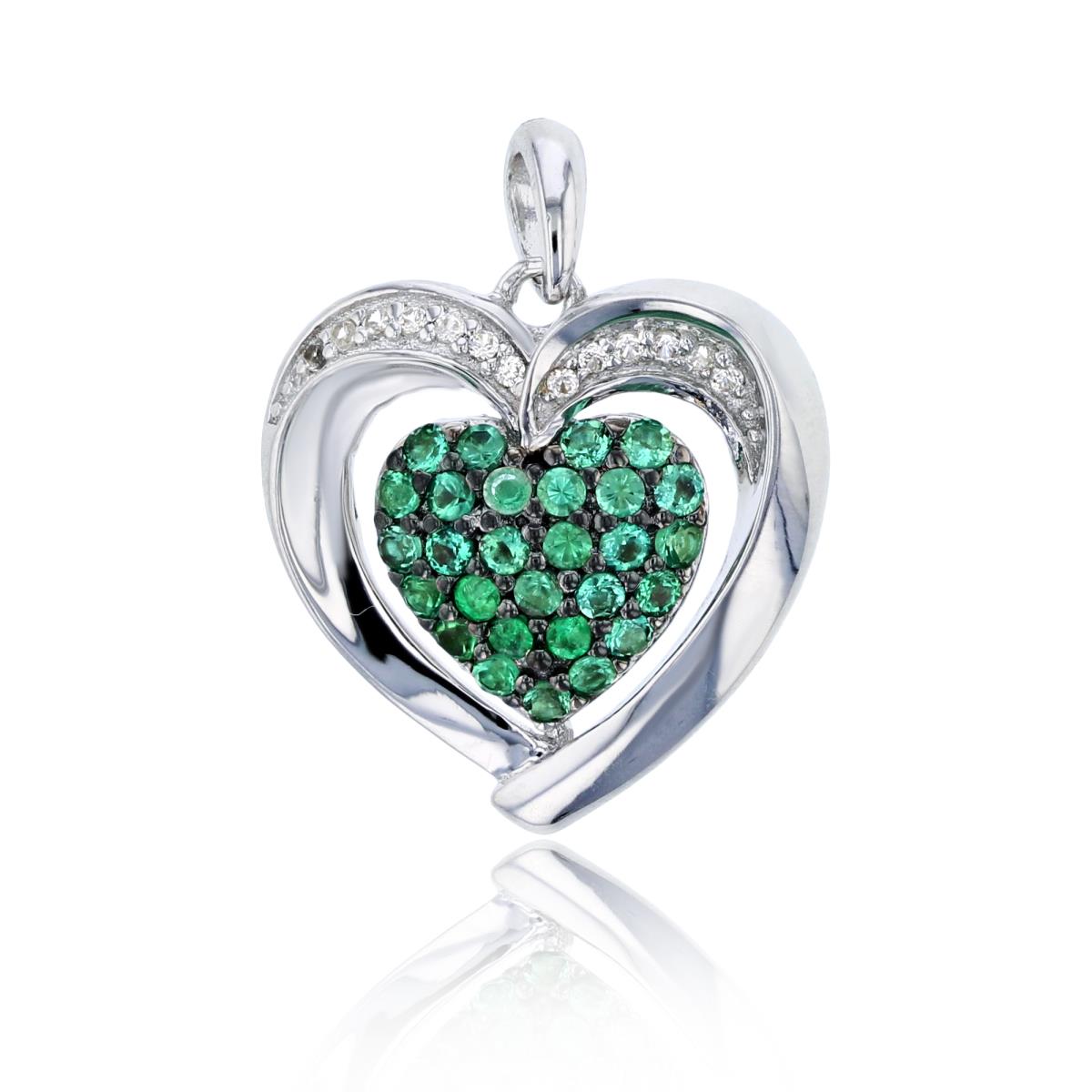 Sterling Silver Rhodium Rnd Created Emerald & Created White Sapphire Heart Pendant