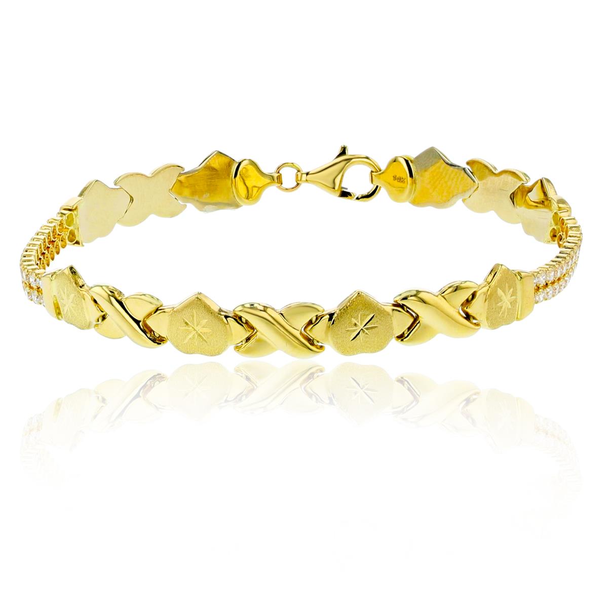 14K Yellow Gold Diamond Cut Heart XOXO 2-Row CZ 7.5" Bracelet