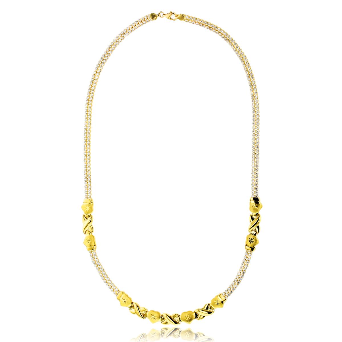 14K Yellow Gold Diamond Cut Heart XOXO 2-Row CZ 17.5" Necklace
