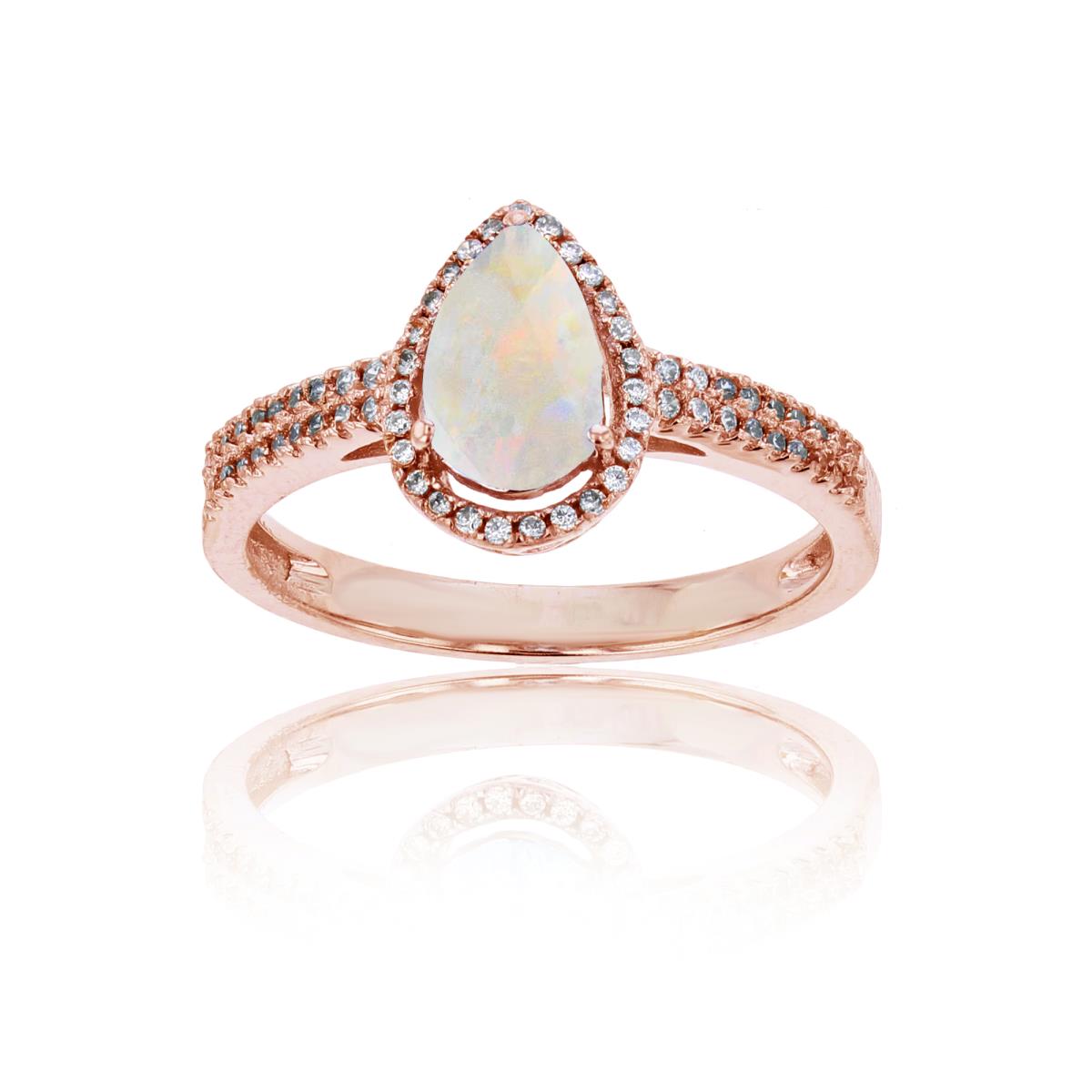 Sterling Silver Rose 0.20 CTTW Round Diamond & 8x5mm Pear Cut Created Opal Halo Ring