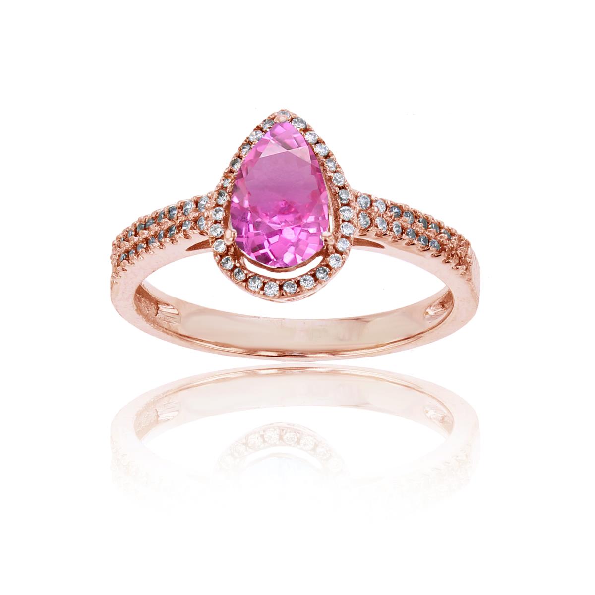 Sterling Silver Rose 0.20 CTTW Round Diamond & 8x5mm Pear Cut Created Pink Sapphire Halo Ring