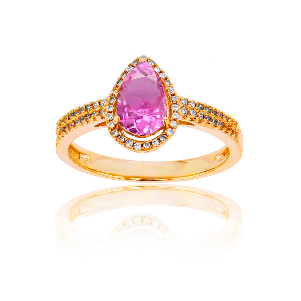 Sterling Silver Yellow 0.20 CTTW Round Diamond & 8x5mm Pear Cut Created Pink Sapphire Halo Ring