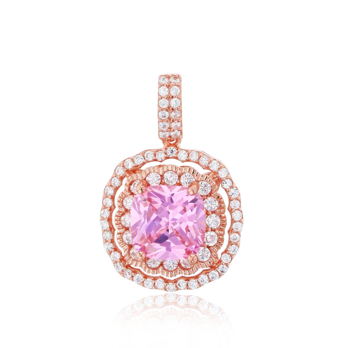 Sterling Silver Rose 8mm Pink Cushion & White Rd CZ Milgraine Pendant