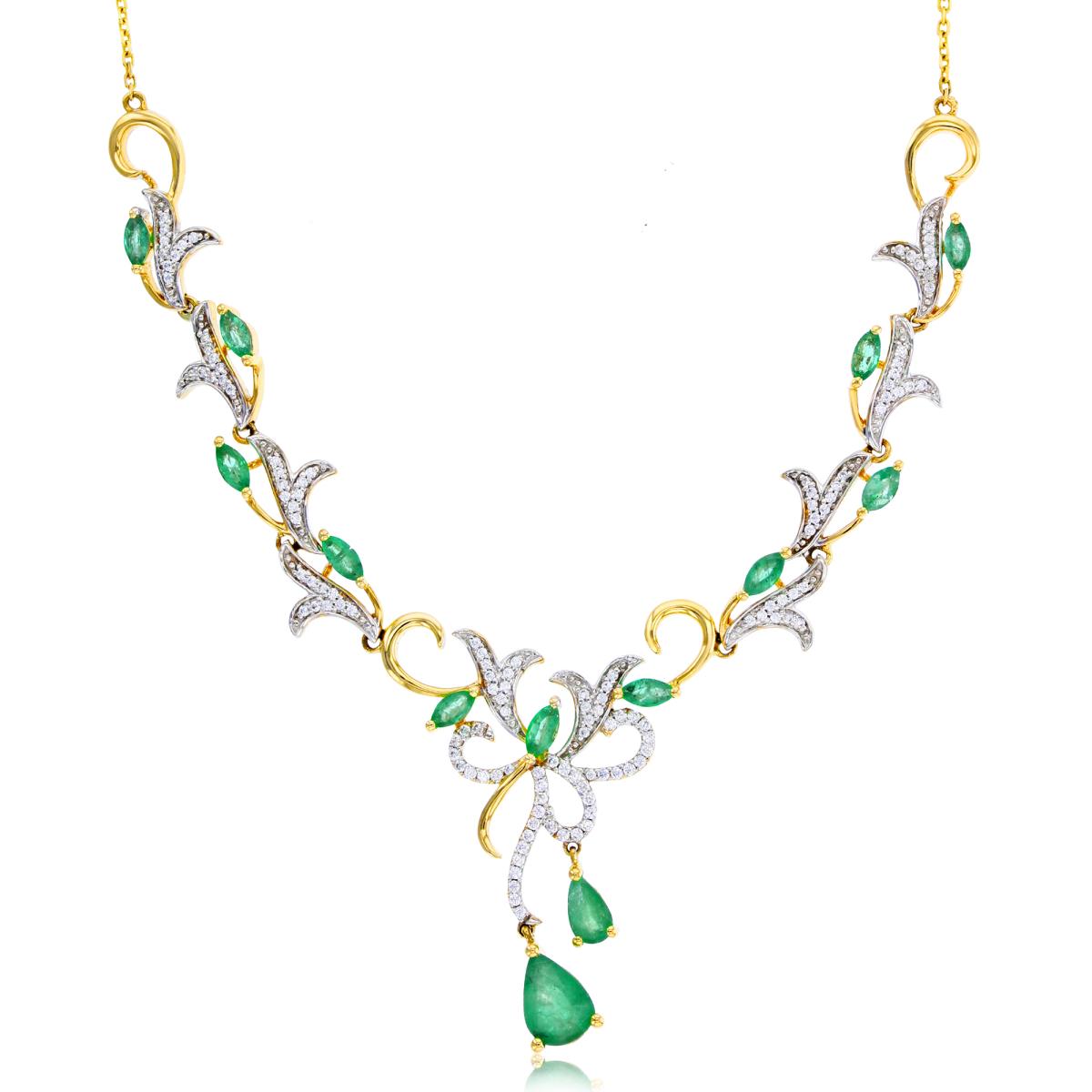 14K Yellow Gold CZ Rnd & Emerald 4X2mm Marquise/5X3/7X5mm Pear Shape Swirl Dangling Necklace