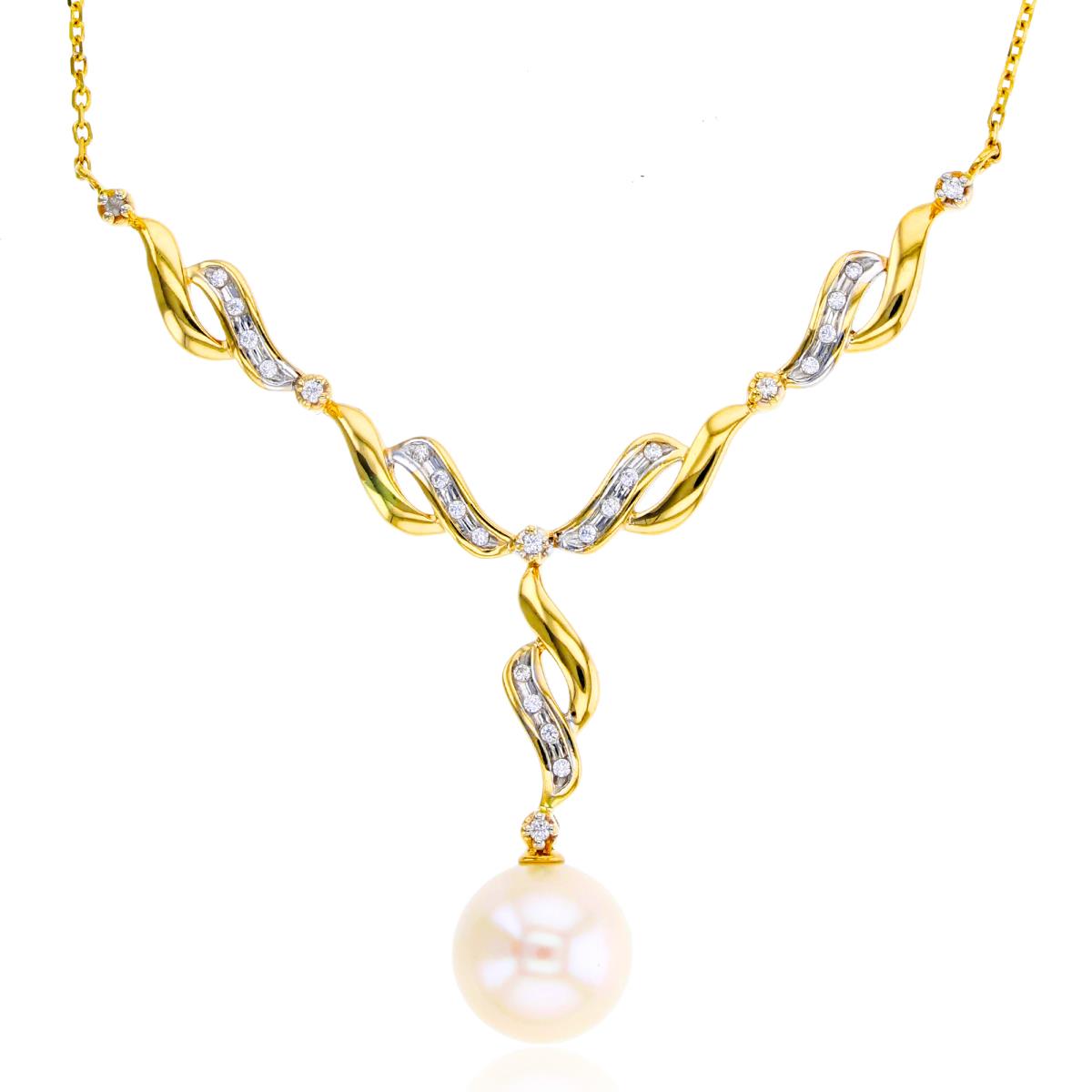 14K Yellow Gold 0.09 CTTW Diamond Rnd & 9mm Rnd White Pearl Dangling Y-Necklace