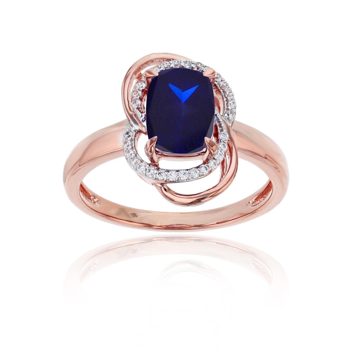 Sterling Silver Rose 0.09 CTTW Rnd Diamond & 8x6mm Cushion Created Blue Sapphire Knot Ring