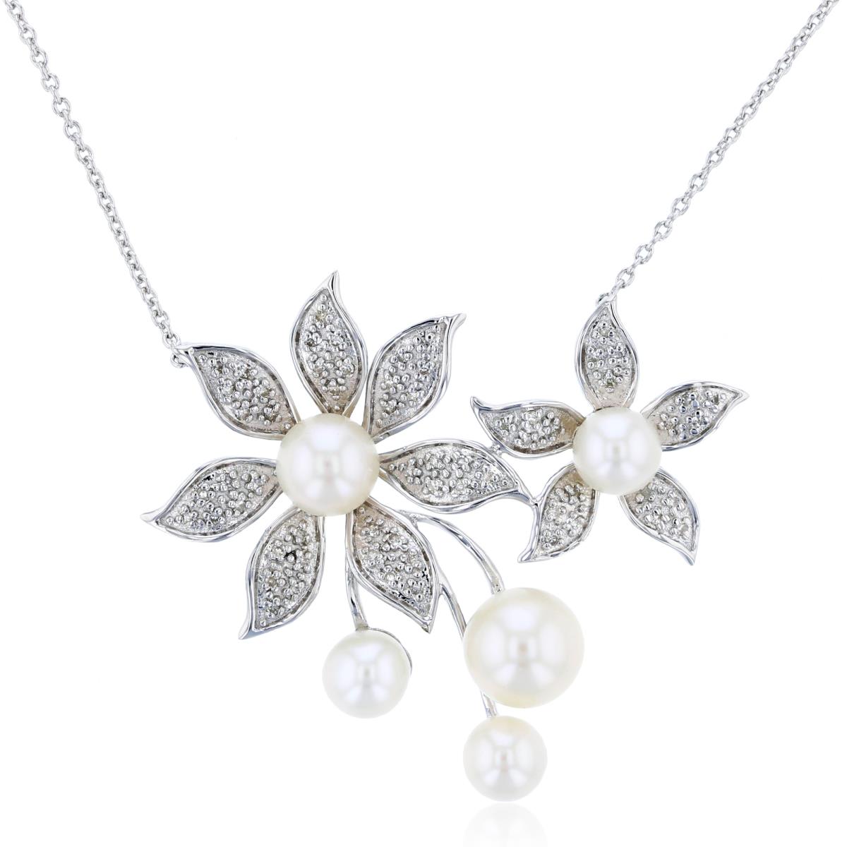 Sterling Silver Rhodium 0.17 CTTW Diamond Rnd & White Pearl Round 5mm/6mm/7mm Flowers Necklace