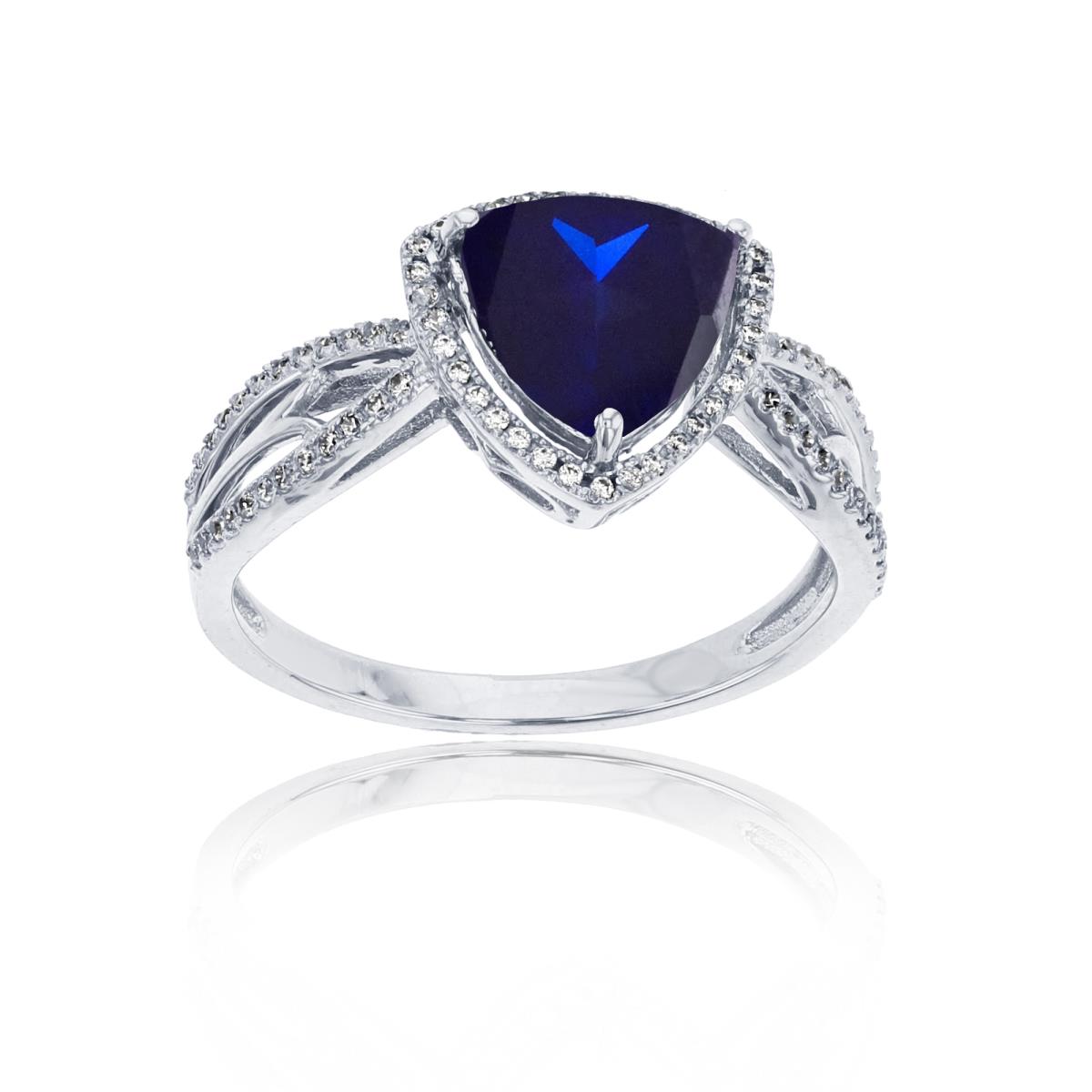 Sterling Silver Rhodium 0.20 CTTW Rnd Diamond & 8mm Trillion Created Blue Sapphire Split Shank Ring