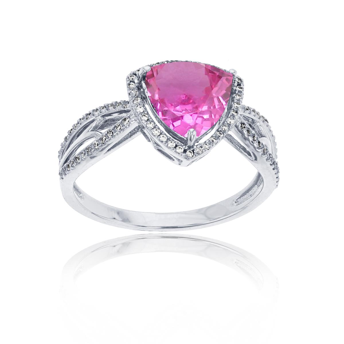 Sterling Silver Rhodium 0.20 CTTW Rnd Diamond & 8mm Trillion Created Pink Sapphire Split Shank Ring
