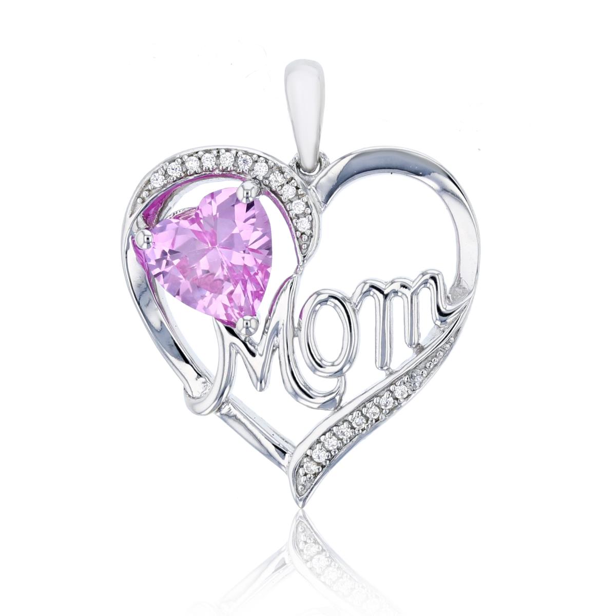 Sterling Silver Rhodium CZ Round & 7mm HS Created Pink Sapphire Heart Mom Pendant