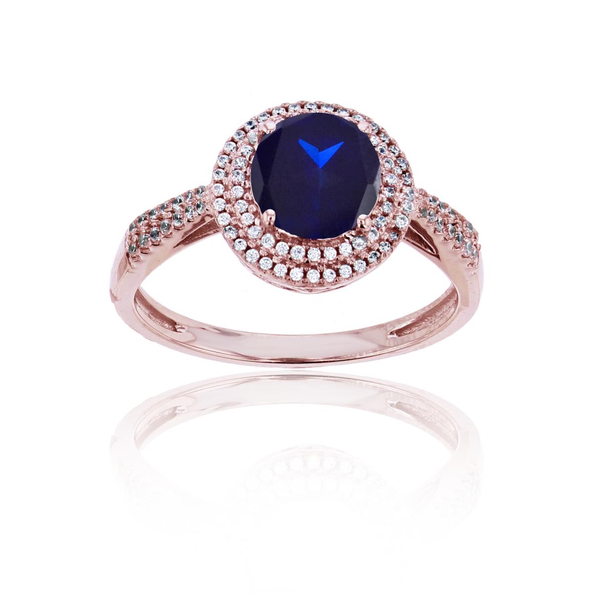14K Rose Gold 0.15 CTTW Rnd Diamond & 7mm Rnd Created Blue Sapphire Double Halo Ring