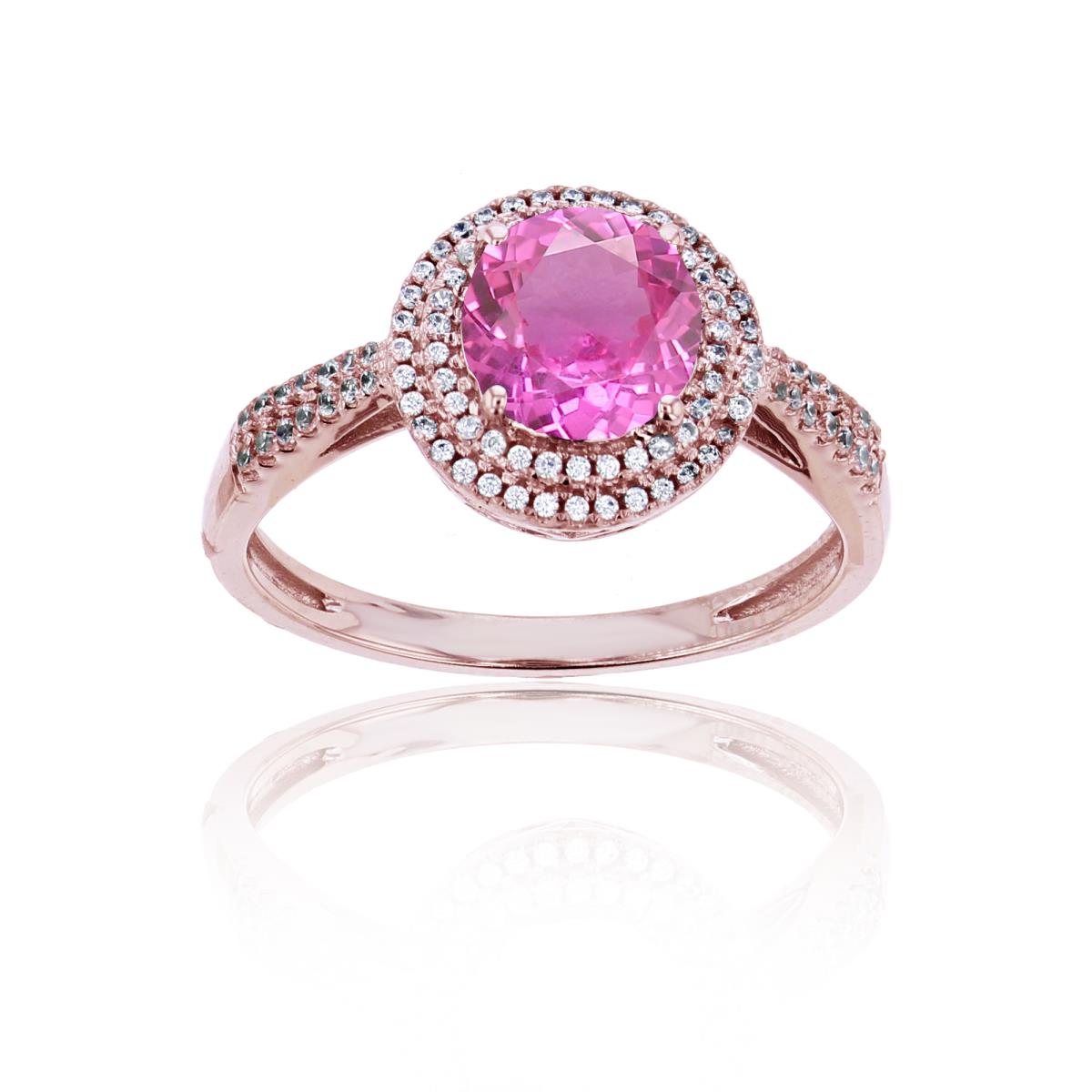 14K Rose Gold 0.15 CTTW Rnd Diamond & 7mm Rnd Created Pink Sapphire Double Halo Ring